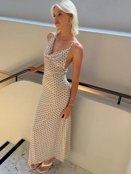 Cowl Neck Polka Dot Spaghetti Strap Maxi Dress
