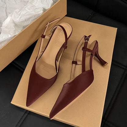 Red Street Style Sexy Pointed Toe Sandals Metal Buckle Strap Women Pumps Stripper Sandals Slingback Heels Ballet Flats Muj