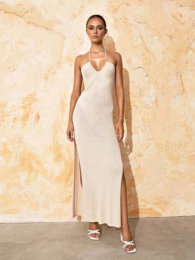 Halter Cross Strap Deep V Neck Ribbed High Slit Maxi Dress