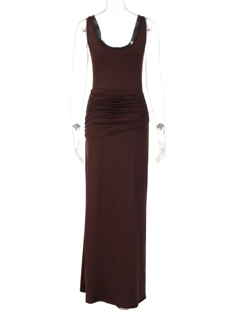 Elegant U-Neck Sleeveless Bodycon Long Dress Women's Solid Color Ribbon Tie-up Ruched Slim Maxi Dress for Date Night Party