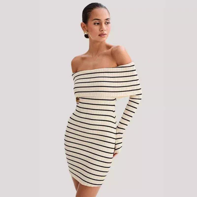 Off Shoulder Bardot Horizontal Stripe Rib Knit Long Sleeve Bodycon Mini Dress