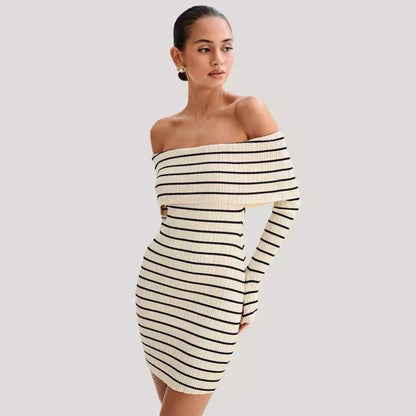 Off Shoulder Bardot Horizontal Stripe Rib Knit Long Sleeve Bodycon Mini Dress