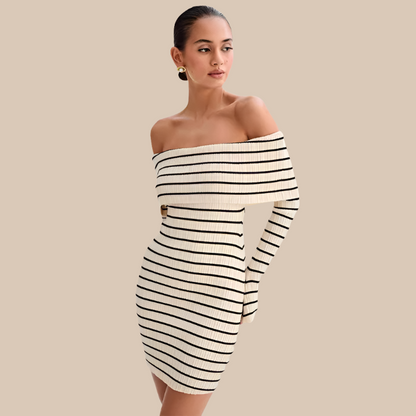 Off Shoulder Bardot Horizontal Stripe Rib Knit Long Sleeve Bodycon Mini Dress