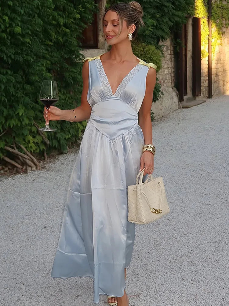 Elegant Lace Patchwork Satin Tank Maxi Dress Women's Deep V-Neck Sexy Backless Lacing Sleeveless Contrast Slim Long Dress