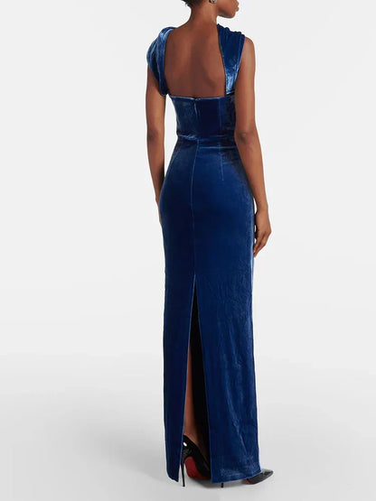 Velvet Halter Collar Strapless Bodycon Maxi Gown