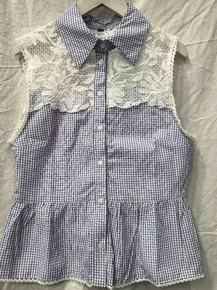 Gingham Lace Collar Sleeveless Peplum Blouse Collared Peplum Gingham Summer Chic Sweet Women Casual Preppy Casual Top