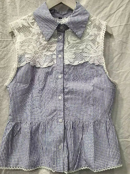 Gingham Lace Collar Sleeveless Peplum Blouse Collared Peplum Gingham Summer Chic Sweet Women Casual Preppy Casual Top