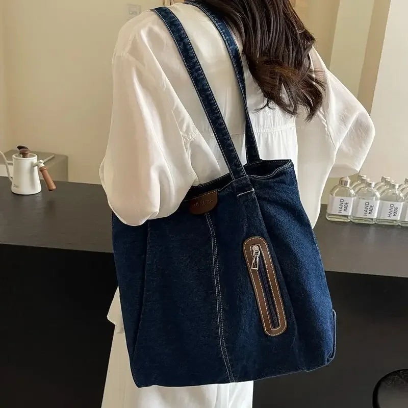 Large Capacity Denim Single Shoulder Bag New Fashion Versatile Tote Retro Commuting Casual Bags