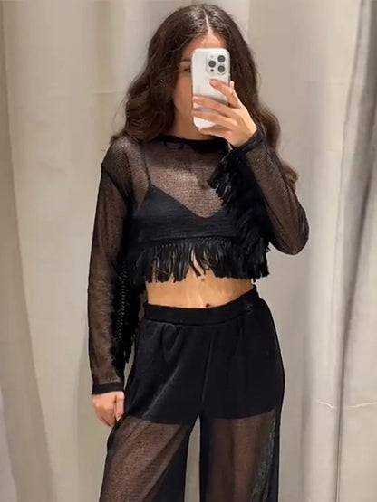 Mesh See Through Tassels Crop Top Pants Sets Women Long Sleeve O-neck Pullover Straight Trousers Suits 2025 Summer Holiday Set