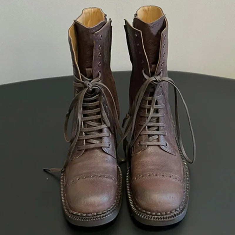 Designer Luxury Brand Martin Boots Women Side Zipper Mid Heel Lace-up Round Toe Female Shoes Runway Solid Color Motorcycle Boots