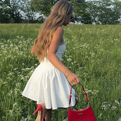 Slim Strapless Folds Mini Dress for Women Club Party Clothes Sexy Backless Patchwork Sleeveless High Waisted Dress Solid