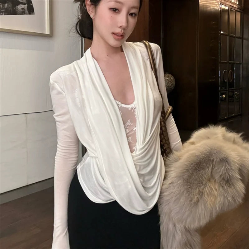 Hot Girl Sexy Mesh Lace See Through Long Sleeved T-shirt for Women 2025 Spring White Base Shirt Slim Fit Temperament Inner Top