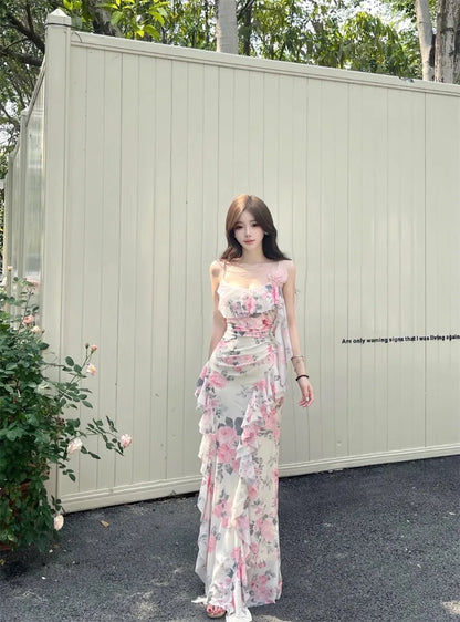 Women Dresses Sleeveless Slash Neck Gradient Floral Printed Mesh Patchwork Slim Vintage Elegant Party Dress Ladies