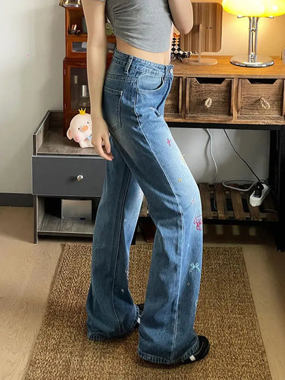 Jeans Puppy Embroidery High Waist Small Retro Design Women'S Summer Straight Slim Loose Wide Leg Pants Trendy