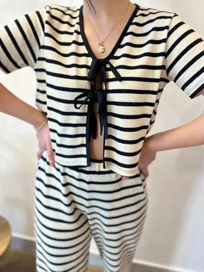 Casual Striped Lace Up Shirt Long Pant Set Women Versatile Loose Full Sleeve Open Shirts Wide Leg Pants Sets Female Chic Outfits