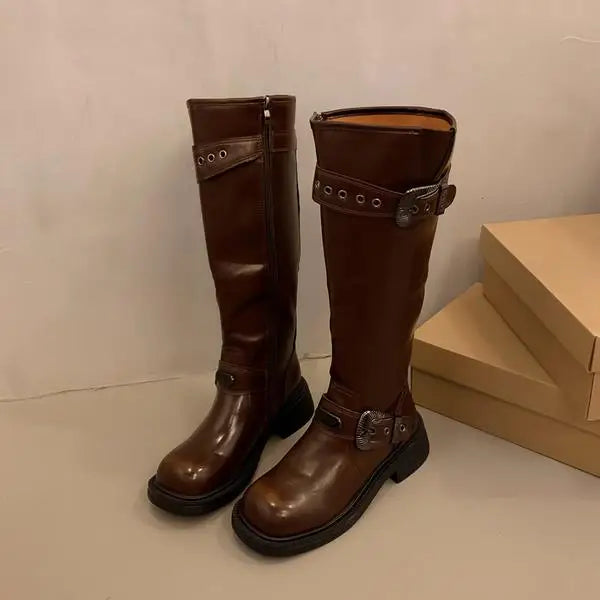 Round Toe Rock Shoes Woman Winter Boots Lady Zipper Sexy Thigh High Heels High Sexy Boots-Women Leather Rubber Autumn Med O