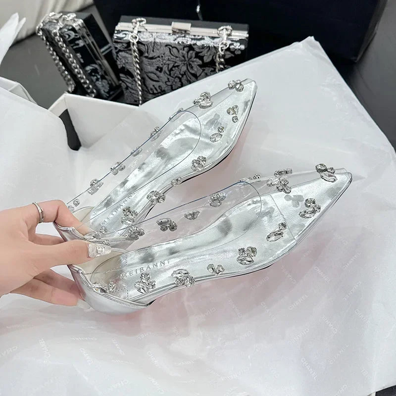Silver Transparent Rhinestone High Heels Women 2025 Summer Banquet Red Bottom Fine Heel Crystal Wedding Shoes Tacones Mujer