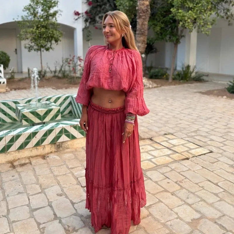 Casual Style Wrinkle Shirt Women's Top+high Waist Long Skirt Women Set 2pcs Fashion Boho Beach Spring Summer Outfits
