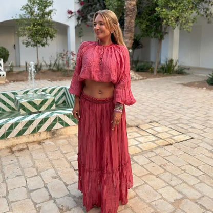 Casual Style Wrinkle Shirt Women's Top+high Waist Long Skirt Women Set 2pcs Fashion Boho Beach Spring Summer Outfits