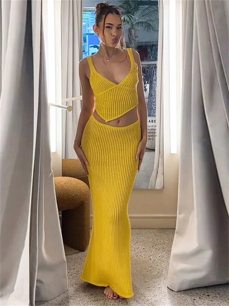 Summer Long Skirt 2 Piece-Set Female Ribbed Backless Cropped Top And High Waist Maxi Skirt Sets Knitwear Outfits Women's