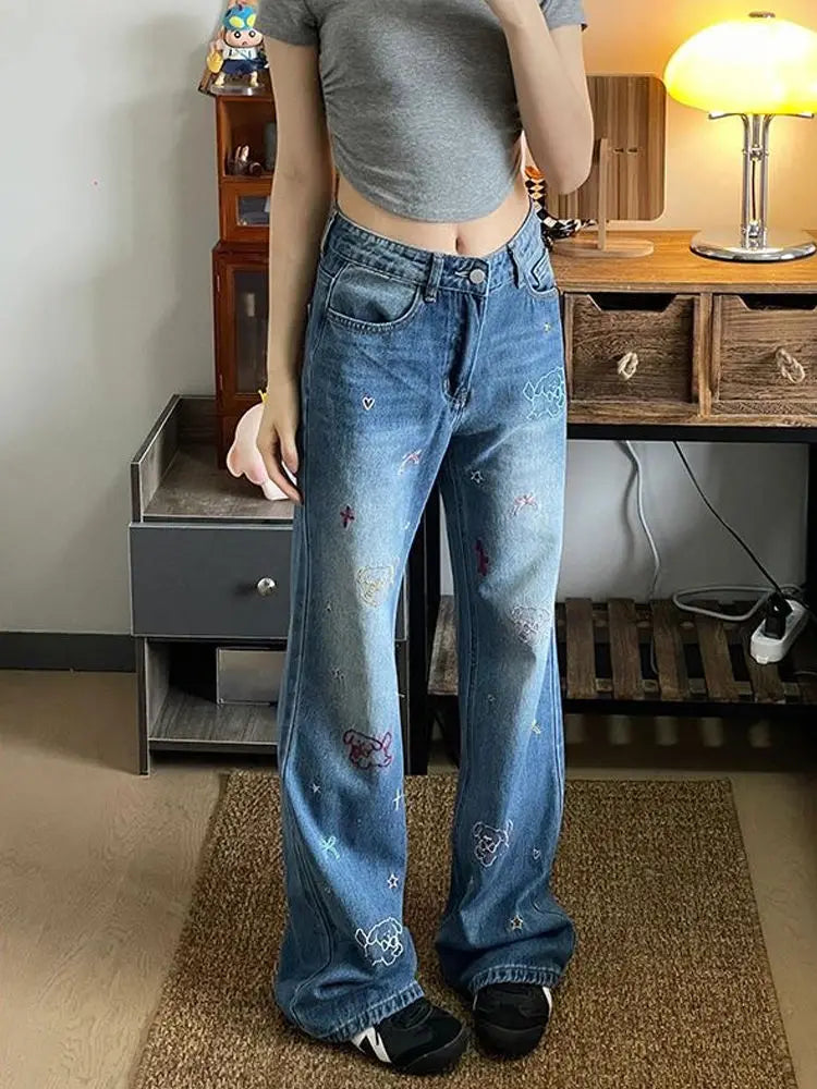 Jeans Puppy Embroidery High Waist Small Retro Design Women'S Summer Straight Slim Loose Wide Leg Pants Trendy