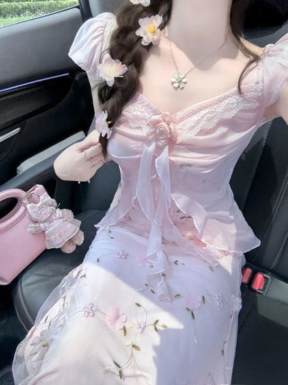 French Style Elegant Party Strap Long Dress Women Beautiful 3D Floral Spaghetti Dresses Seaside Vacation Pink Fitted Outfits New