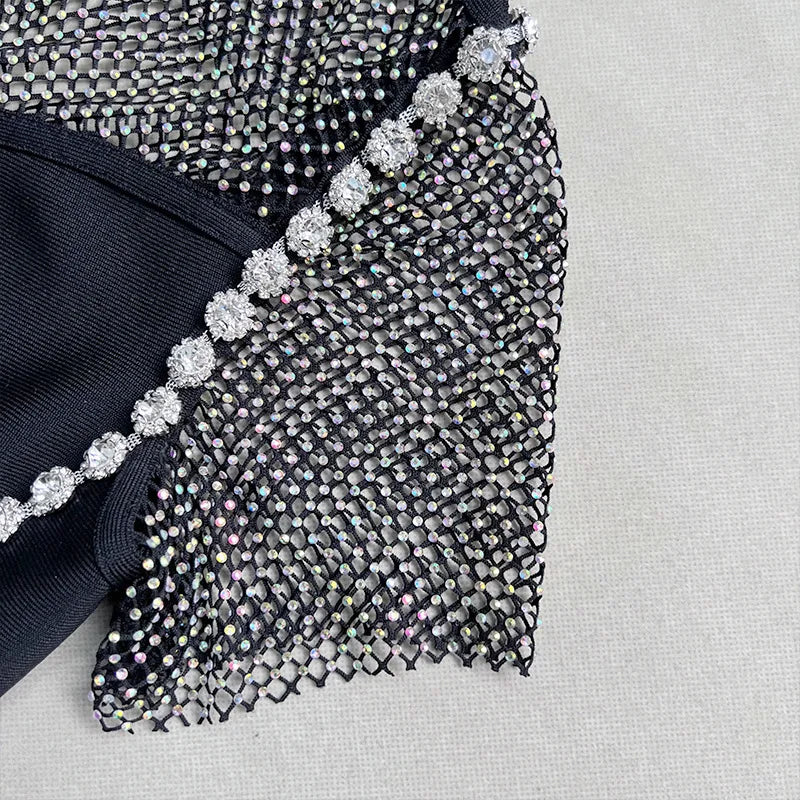 Crystal Embellished Mesh Cap Sleeve Bow Cutout Midi Dress