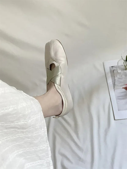 New Women's Ballet Slippers Pink Soft Sole Shallow Heel Round Head Fiberglass Fabric Retro Style Low Heel