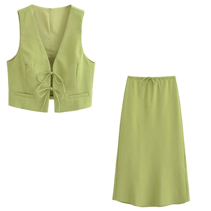 New Chic Tank Top And Long Skirts Set Summer Vest And Fashion Skirt Two Piece Set Green Vacation Casual Women Outfits