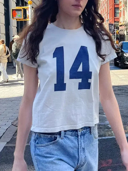 Classic Number Graphic Print Women Summer Cotton T-shirts Soft Casual Loose O-neck Tees Vintage Short Sleeve Streetwear Y2K Tops