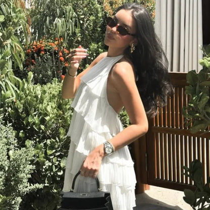 Sexy Halter Cascading Ruffles Mini Dress Women Solid Sleeveless Backless Slim Cake Dresses 2025 Summer Lady Party Beach Robes