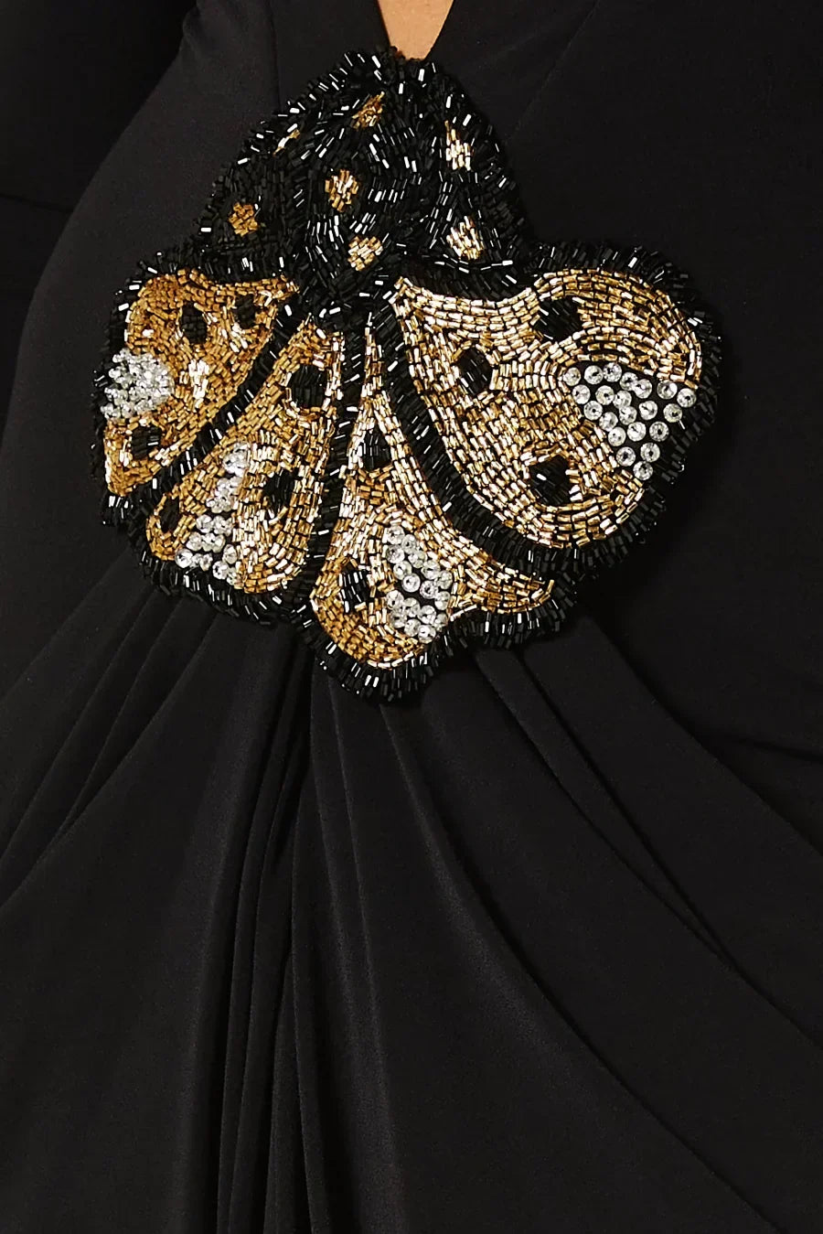 Deep V-Neck Padded Shoulder Butterfly Applique Draped Maxi Gown