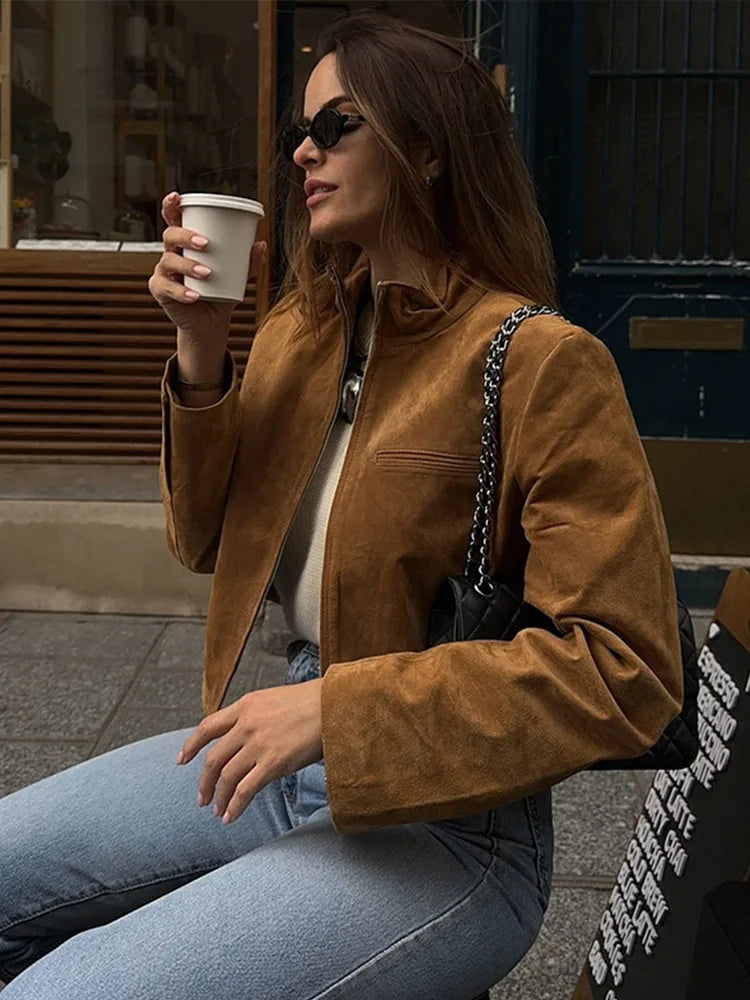Stand Collar Suede Leather Jacket Coat Zipper Retro Long Sleeved Casual Biker Jackets Loose Fashion Front Shoulder Short Outwear