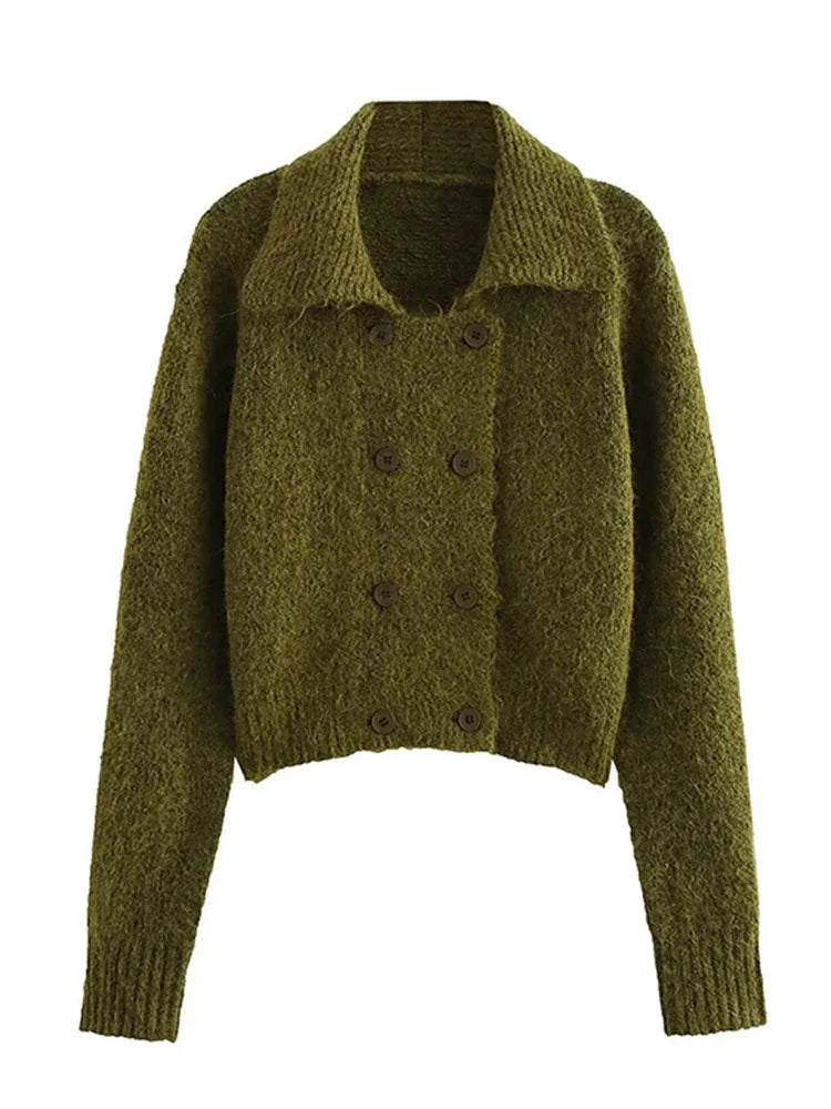Knitted Solid Color Women's Cardigan Turndown Collar Double Breasted Casual Loose Sweater Fashion Retro Simple Short Sweaters