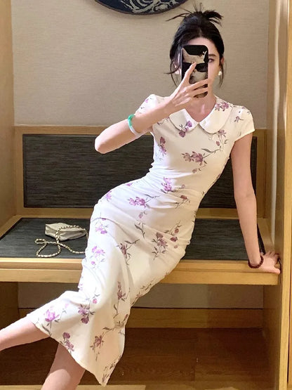 Woman Dress Sexy Peter Pan Collar Floral Printed Slim Vintage Elegant Summer Fashion Temperament Party Dresses Female