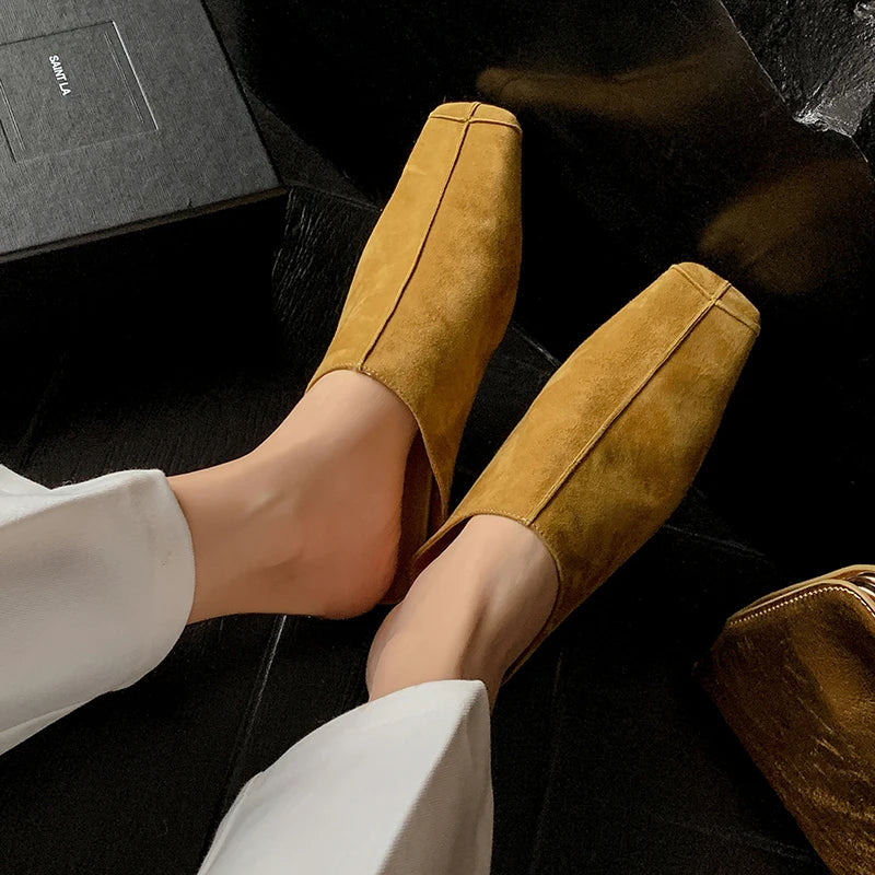 New Genuine Kid Suede Low Heels Slippers Women Covered Toe Natural Leather Casual Slippers Female Daily Walk Slippers