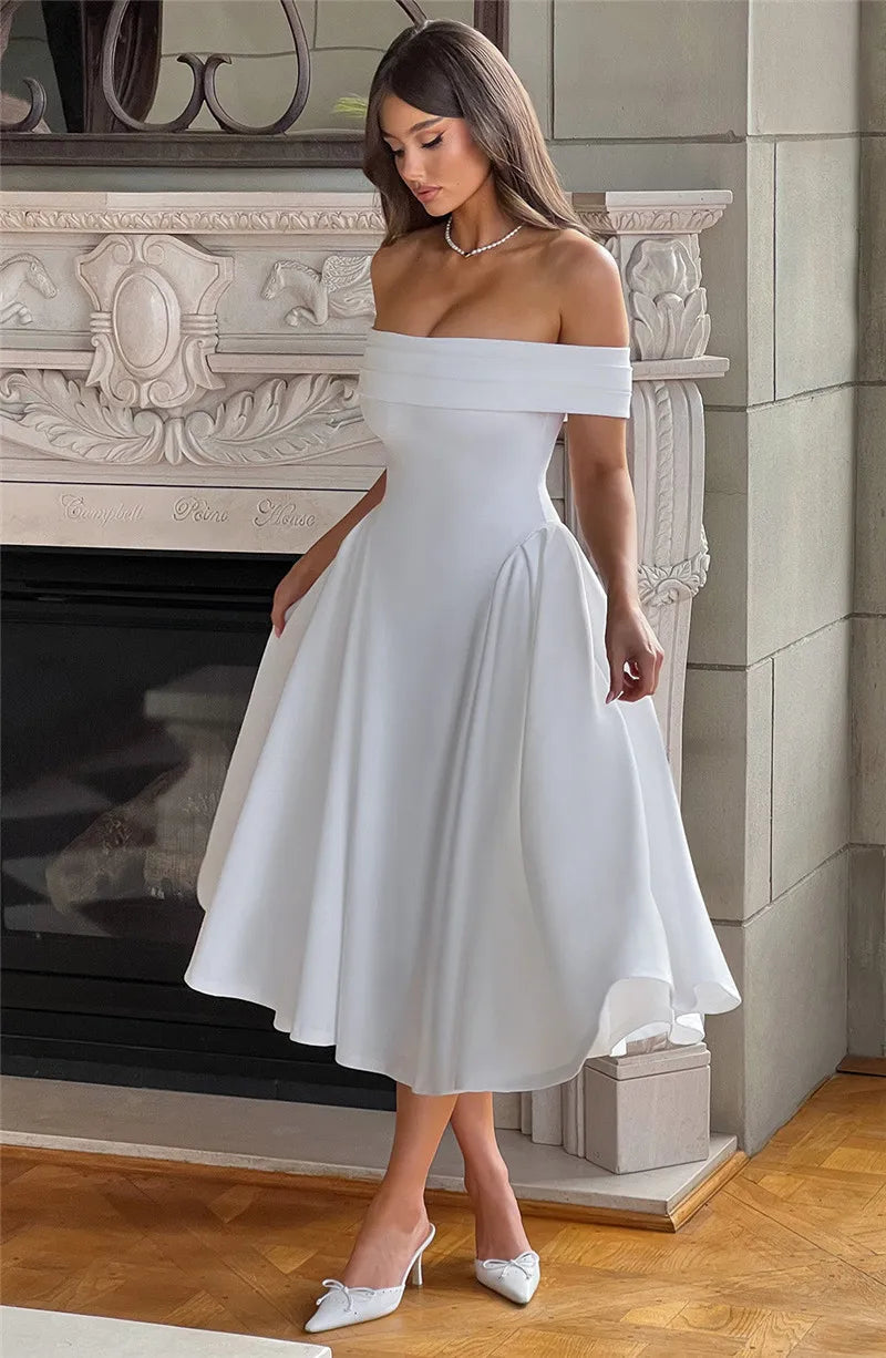 Off-Shoulder Folded Band Box Pleat Flare Midi Dress