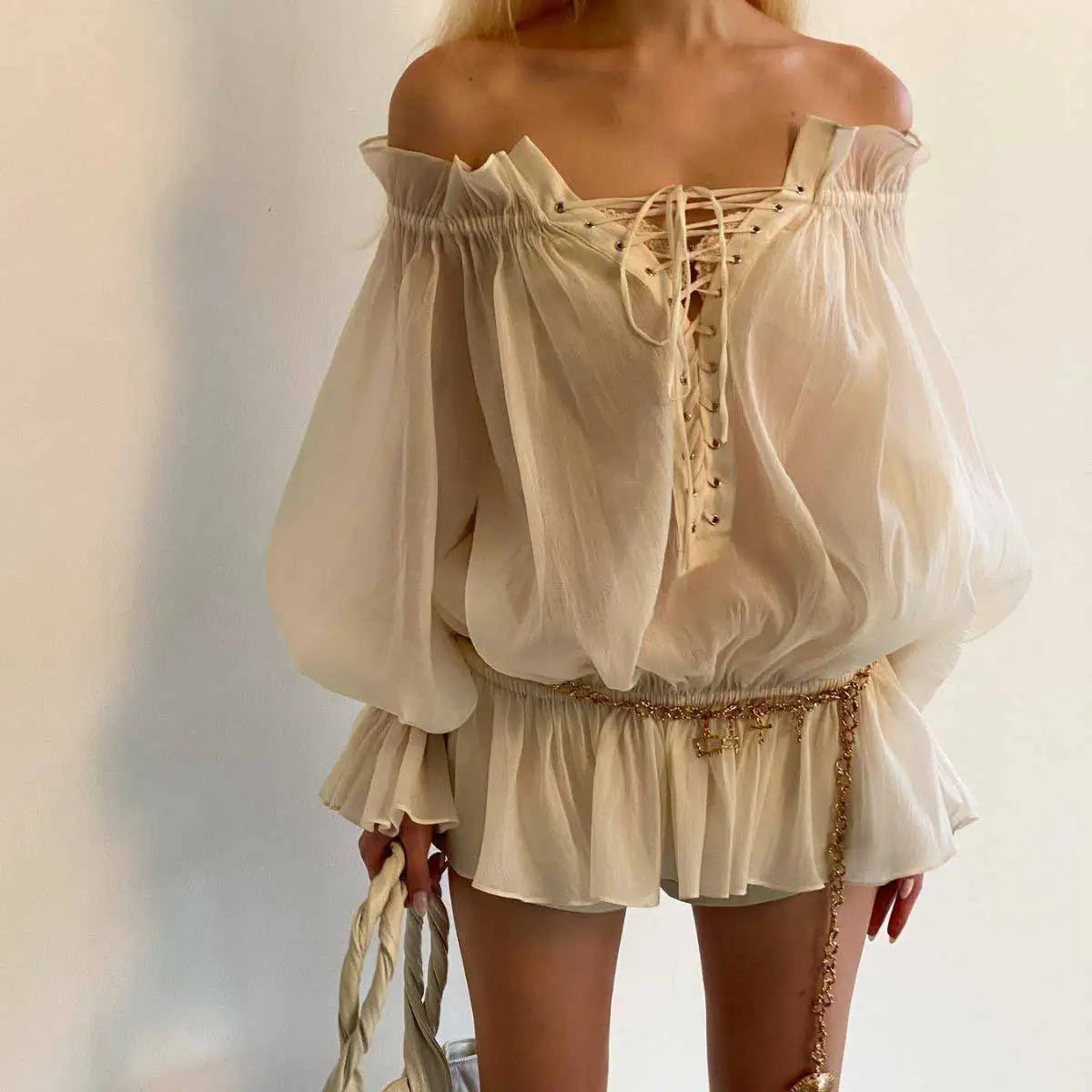 Boho Inspired off shoulder long sleeve blouse women ruffled neckline tie up front sexy women tops new summer tops women clothing
