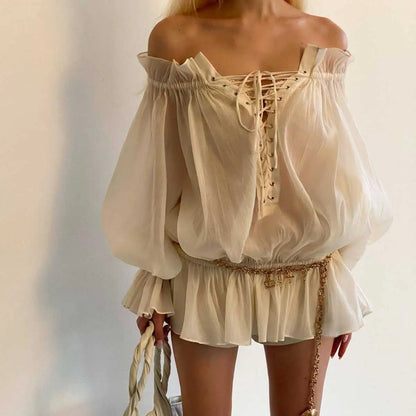 Boho Inspired off shoulder long sleeve blouse women ruffled neckline tie up front sexy women tops new summer tops women clothing