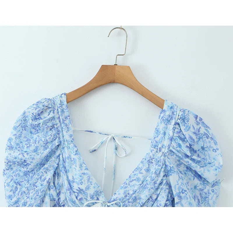 Summer Women Blue Floral Print A-line Mini Dresses Sexy Backless V Neck Lace Spliced Boho Dresses Female Holiday Robe New 2025
