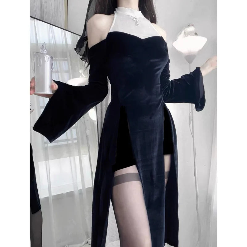 Y2k Gothic Black White Patchwork Dresses Subcultural Slim Waist Dark Dress for Women+ High Waist Shorts Two Piece Sets