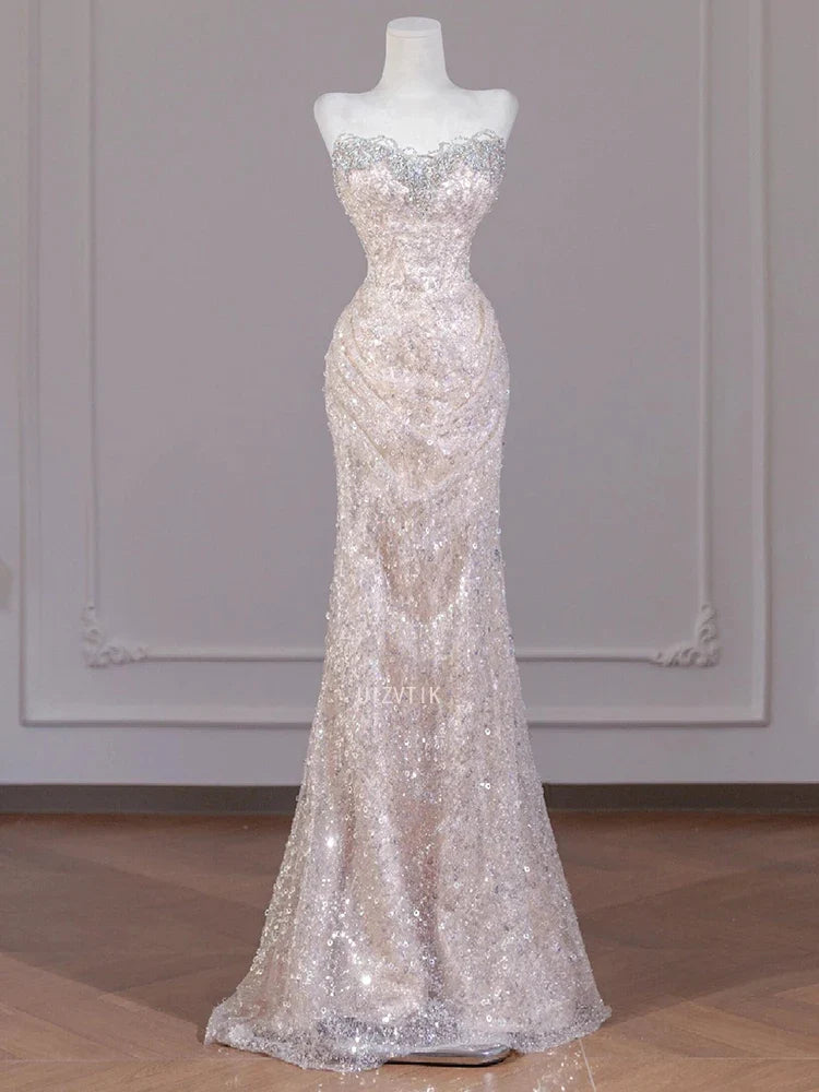 Sexy Champagne Sequins Prom Dresses Sweetheart Strapless Open Back Evening Party Dress Mermaid Sleeveless Formal Occasion Dress
