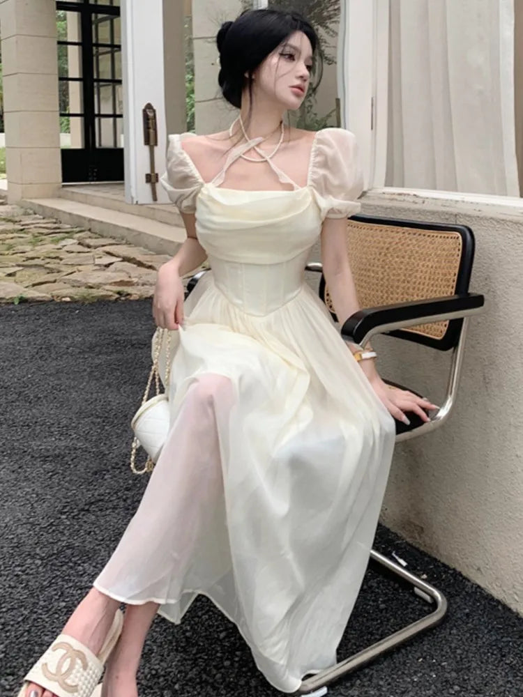 Summer Women Halter Midi Dress Elegant Female Chiffon Square Neck Party One Pieces Dresses French Solid New Vestidos Robe
