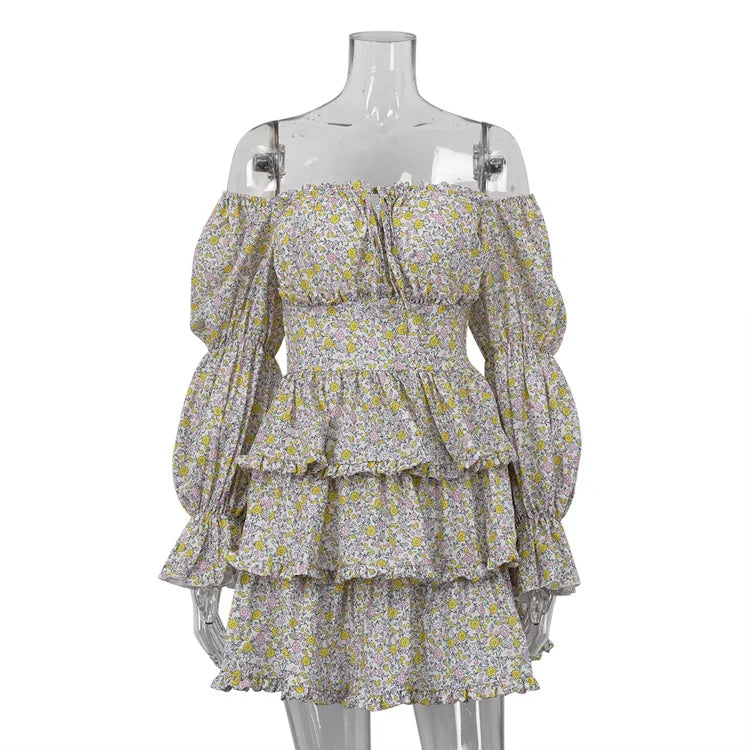Slash Neck Long Sleeve Floral Print Ball Gown High Street Women Off Shoulder High Waist Ruffles A-line Short Party Dresses