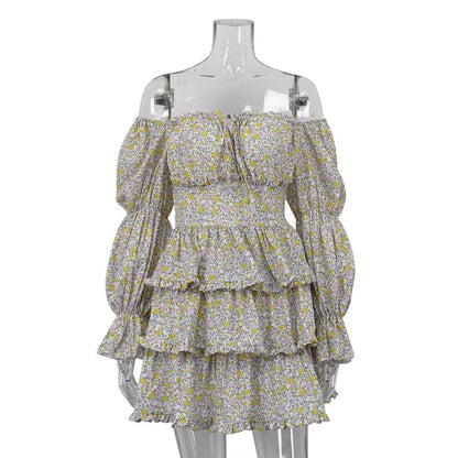 Slash Neck Long Sleeve Floral Print Ball Gown High Street Women Off Shoulder High Waist Ruffles A-line Short Party Dresses