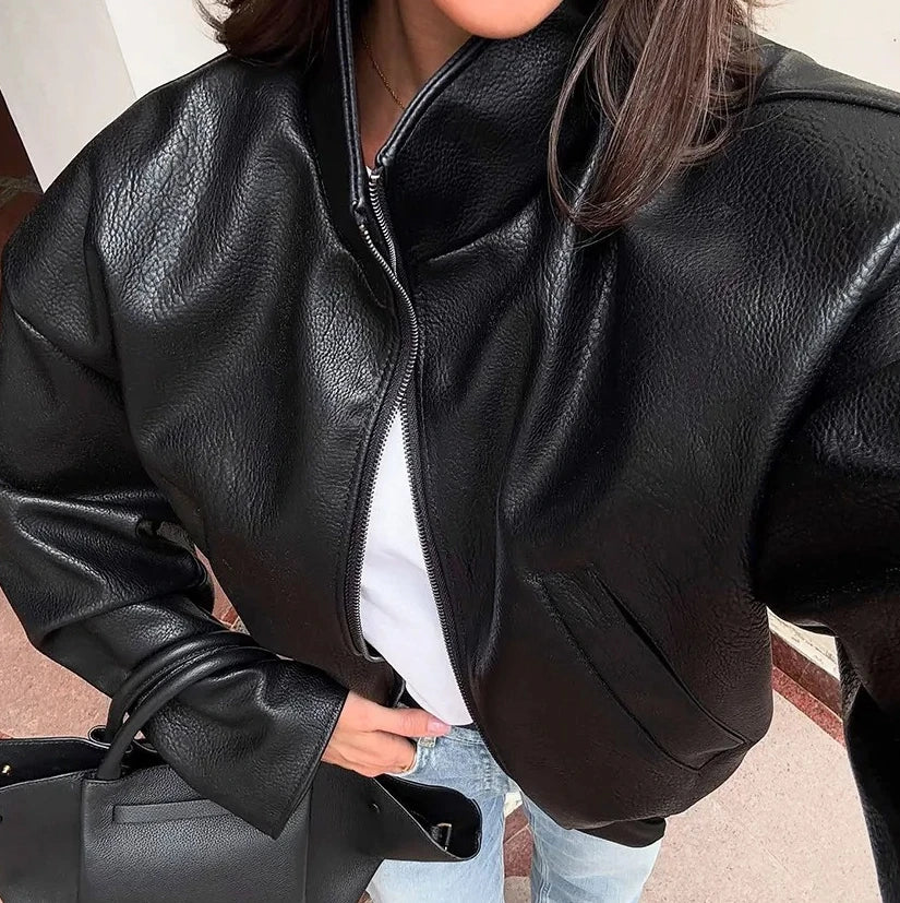 Women's Faux Leather Jacket High Quality PU Leather Coat Designer Fashion Chic Casual Commuting Office Blazer