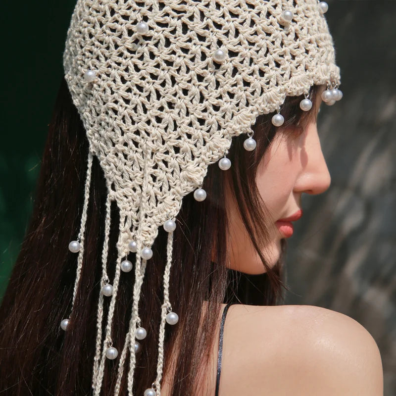 Japanese Spring Summer Handmade Crochet Knitted Hat Hollow Retro Fringed Pearl Sunscreen Hat Fashion Breathable Court Beanie Cap