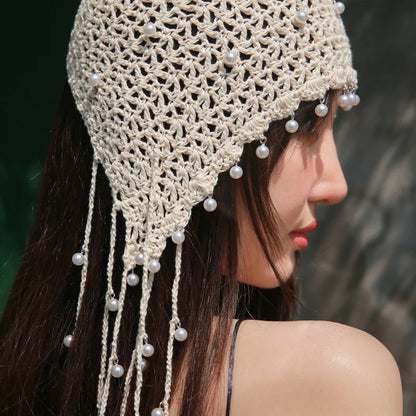 Japanese Spring Summer Handmade Crochet Knitted Hat Hollow Retro Fringed Pearl Sunscreen Hat Fashion Breathable Court Beanie Cap