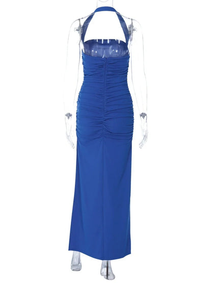 New Summer Women Dress Solid Color Halter Neck Sleeveless Backless Slim Ruched Side Split Elegant Party Long Dress
