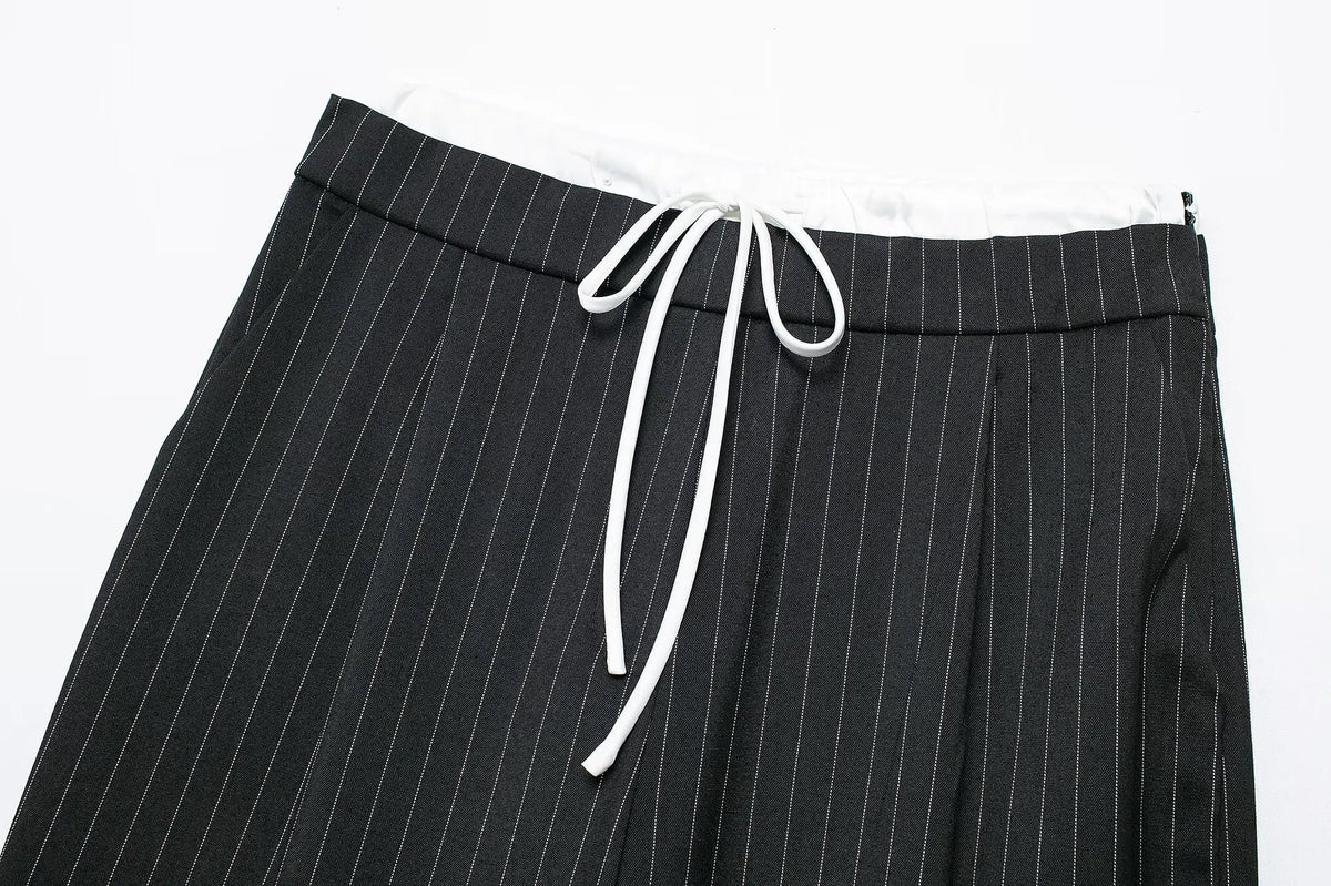 Spring Streetwear Patckwork Black Women Pants High Waist Elastic Wide Leg Long Pants Fashion Summer Bow Tie Trousers